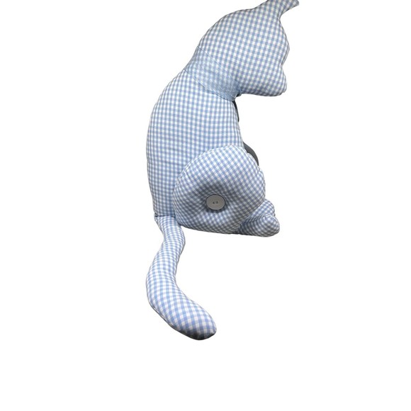Handcrafted Stuffed Cat Pillow Baby Blue Gingham Fabric Neck Bow Button - Picture 3 of 6
